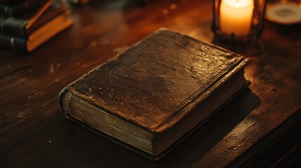 A vintage leather-bound book resting on a wooden desk with a soft candlelight glow 