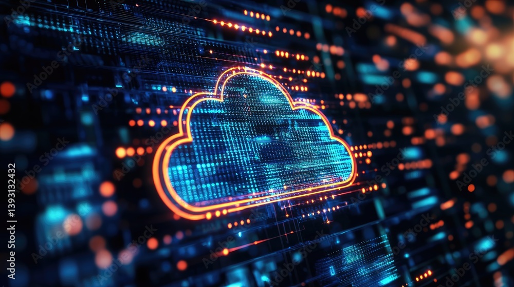 Poster glowing cloud icon surrounded by digital circuits in a futuristic data environment, representing clo