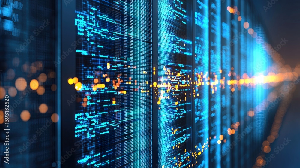 Poster dynamic data center wall with illuminated blue digital code and orange sparks suggesting fast data t