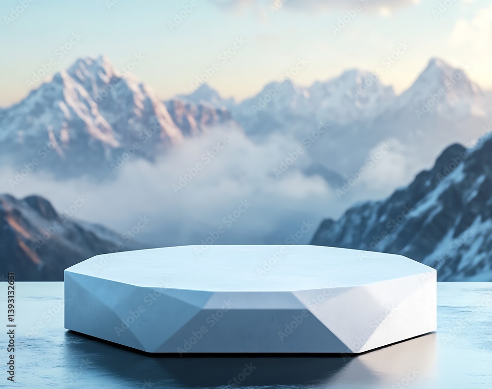 Poster Majestic Snowy Mountain Range Backdrop with a Stylish Hexagonal Display Platform for Images : Generative AI