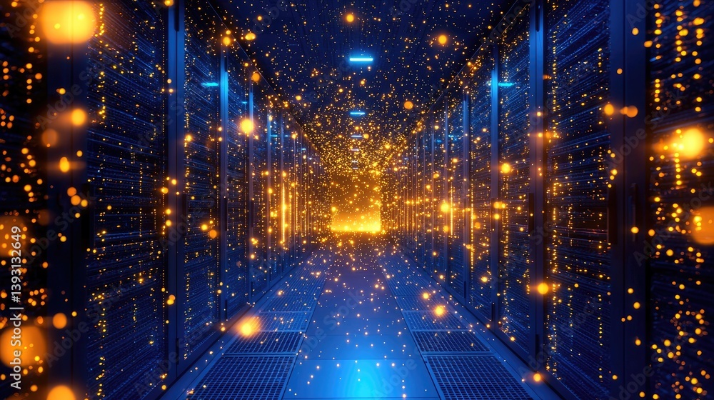 Poster High-tech data center aisle with glowing golden particles flowing through blue-lit server racks, symbolizing data transmission and cloud power. Ideal for tech, AI, and IT visuals