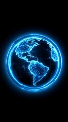 A glowing blue digital Earth with outer orbiting rings