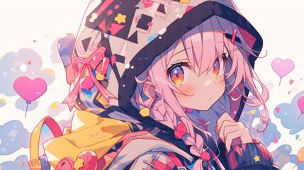 Adorable Anime Girl in Colorful Hoodie
