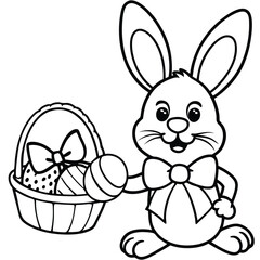 Cute cartoon bunny with pink ears holds colorful Easter eggs, a happy spring holiday illustration