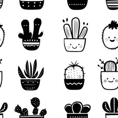 Fototapeta premium Pattern of Kawaii cacti vector icons, Kawaii cacti seamless pattern