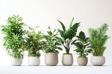 Obraz premium A collection of potted plants with various leaf shapes and textures on a white seamless background