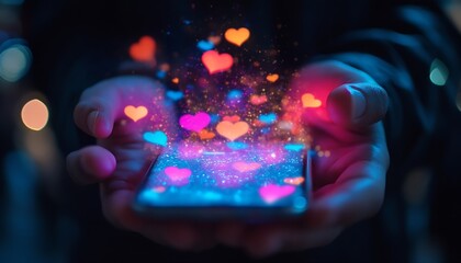 Digital Love Concept Person Holding Smartphone with Hologram Hearts Floating for Online Dating and Social Media Engagement : Generative AI