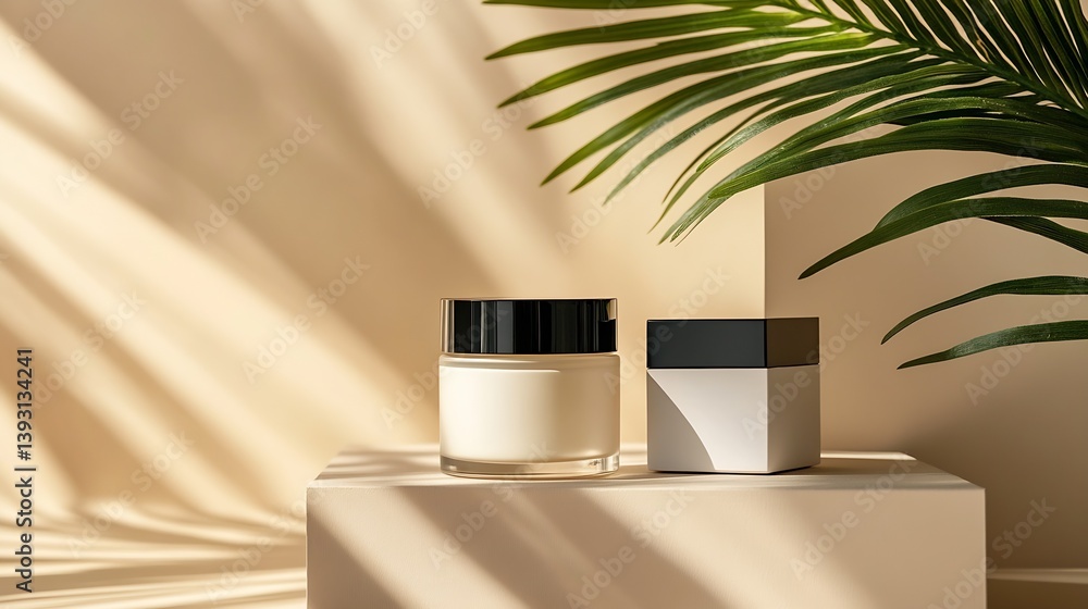 Aufkleber stylish skincare products elegantly arranged with sunlight casting shadows creating a modern aesthet