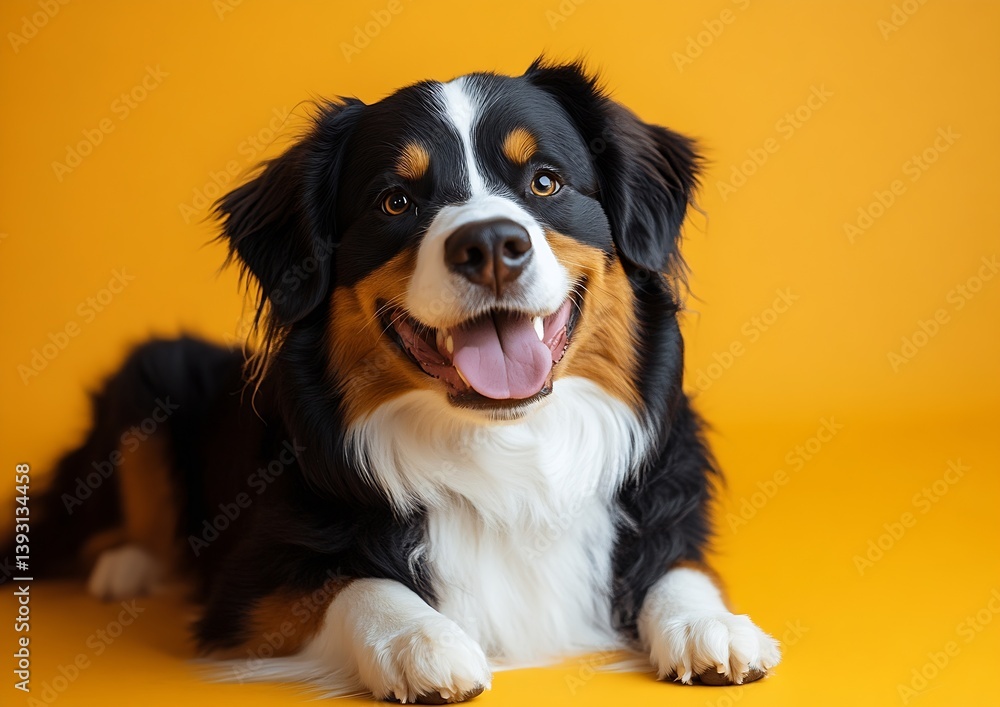 Aufkleber happy bernese mountain dog smiling on bright yellow background perfect for pet and dog breed related
