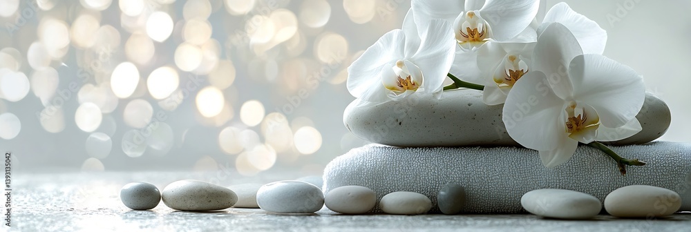 Poster tranquil spa scene with white orchid on stones and towels calming background for relaxation and well