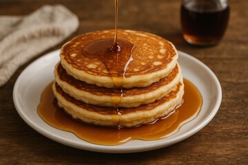 Classic Stack of Pancakes Drizzled With Syrup on a Wooden Table
