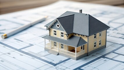 A miniature house model sits on architectural blueprints, symbolizing construction and design planning for future homes.