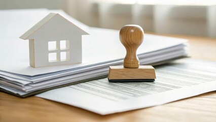 A wooden stamp rests on paperwork beside a house model, symbolizing real estate transactions and documentation.
