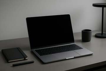 Modern Workspace Setup With a Laptop, Notebook, and Coffee Cup in a Minimalist Room
