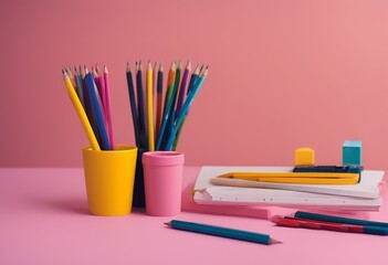 empty pen background pink desk concept ruler pencils school photo wall holder stationery yellow space back lesson paint colourful minimal desktop study accessory racked fashion equipment modern