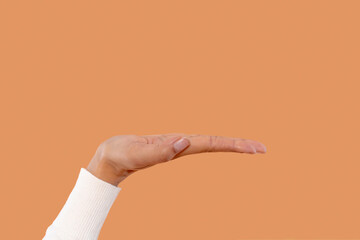 Open hand gesture showing readiness to receive or present something on a warm orange background during a creative or illustrative moment