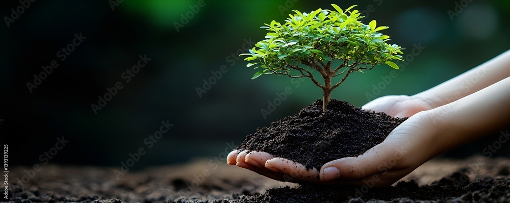 Poster small tree sapling held in hands with soil symbol of growth and environmental protection nurturing n