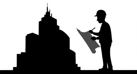 Obraz premium Architect Silhouette Designing Futuristic Building - Cartoon silhouette of an architect reviewing blueprints for a modern skyscraper. Symbolizing design, innovation, construction, architecture