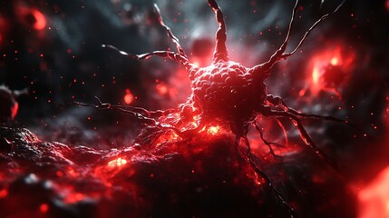 Metastatic cell invasion through tissue 3D visualization red black dramatic lighting