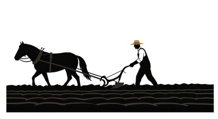 Farmer and Horse Plowing Field Silhouette - Simple silhouette of a farmer plowing a field with a horse, symbolizing agriculture, hard work, rural life, tradition, and perseverance