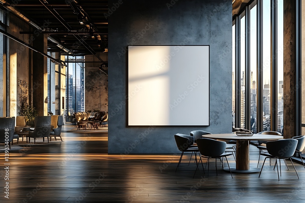 Poster elegant office space with blank frame on gray wall and city view high rise building interior for moc