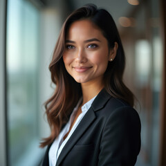 Fototapeta premium Smiling Brunette Businesswoman in Black Blazer by Bright Office Window
