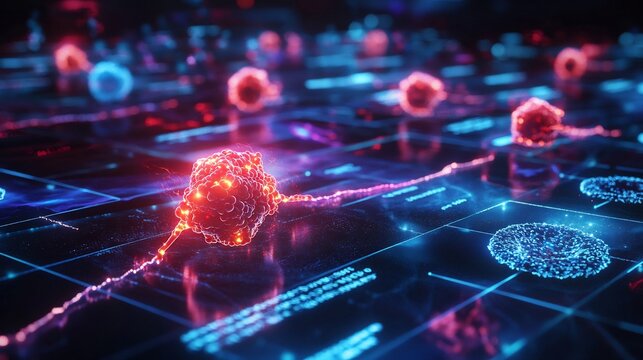 Car T cell therapy attacking cancer cell glowing accents conceptual diagram dark backdrop