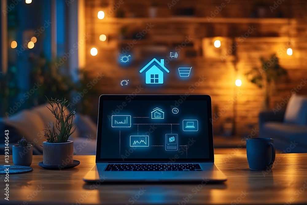 Poster smart home automation display on laptop screen modern technology for home control in a cozy environm