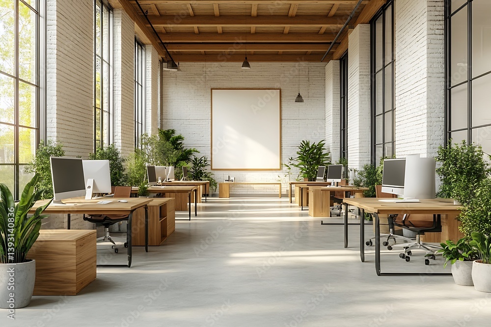 Poster modern open office space with natural light desks and plants ideal workplace for productivity and cr
