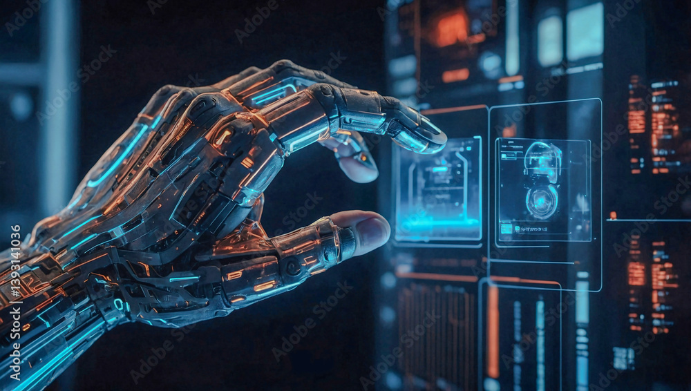 Aufkleber digital hand interface with futuristic tech and holograms.