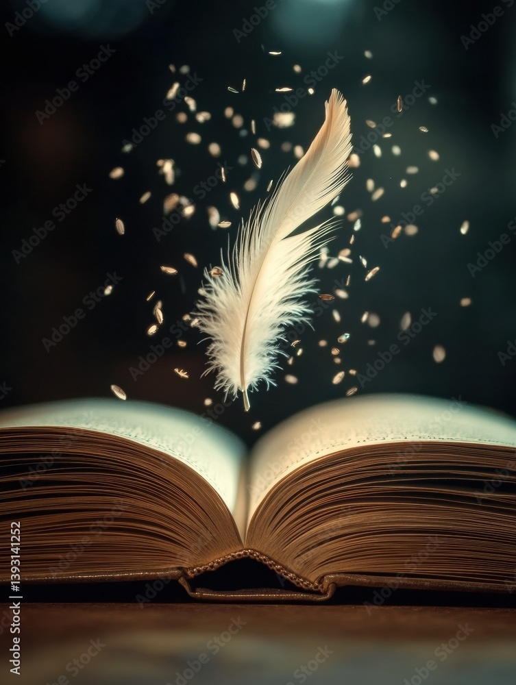 Aufkleber Feather drifts gently above an open storybook, creating a whimsical and dreamy atmosphere filled with imagination and tranquility