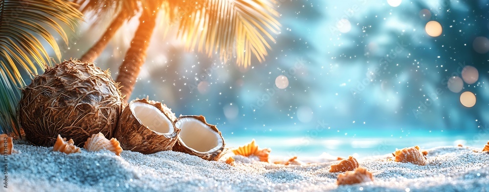 Poster tropical paradise scene coconuts and seashells on sandy beach with palm trees and turquoise water : 