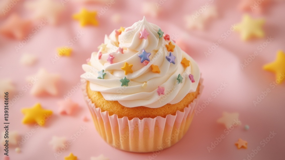Poster enjoying a whimsical cupcake adorned with colorful stars on a soft pastel background
