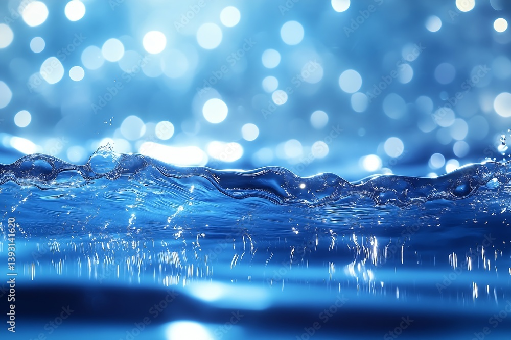 Fototapete crystal clear water wave sparkling blue background with bokeh lights and reflections for refreshing 