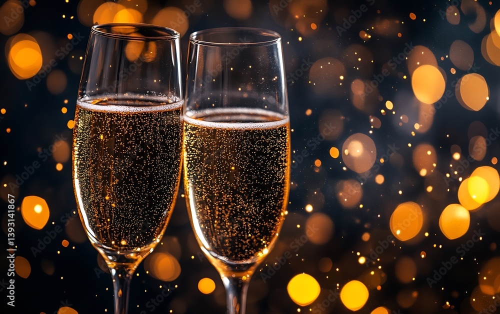 Poster celebration toast two champagne glasses clinking against sparkling bokeh lights for festive occasion