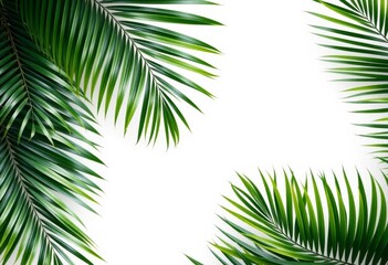 Obraz premium Lush green palm leaves form a vibrant frame on a pristine white background, leaves, palm