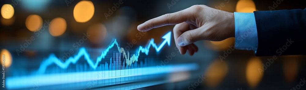 Poster rising market chart with hand indicating growth and success in finance business and investment analy