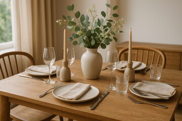 Elegant Dining Table Set for a Gathering With Fresh Flowers in a Cozy Room