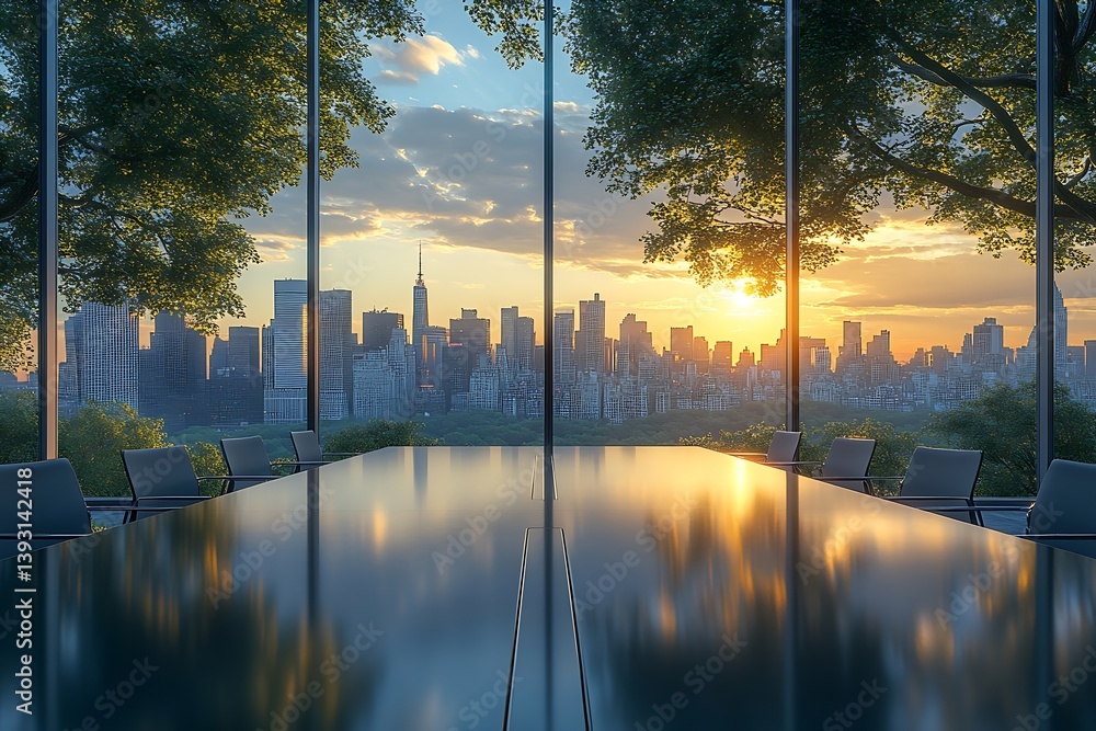 Poster Stunning Sunset View of New York City Skyline from Modern Conference Room with Reflection on Tabletop and Green Trees : Generative AI