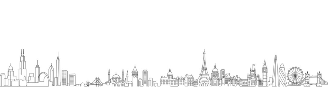 A minimalistic black and white vector illustration of a continuous city skyline featuring iconic landmarks from around the world, including Paris, London, New York, and Istanbul. 