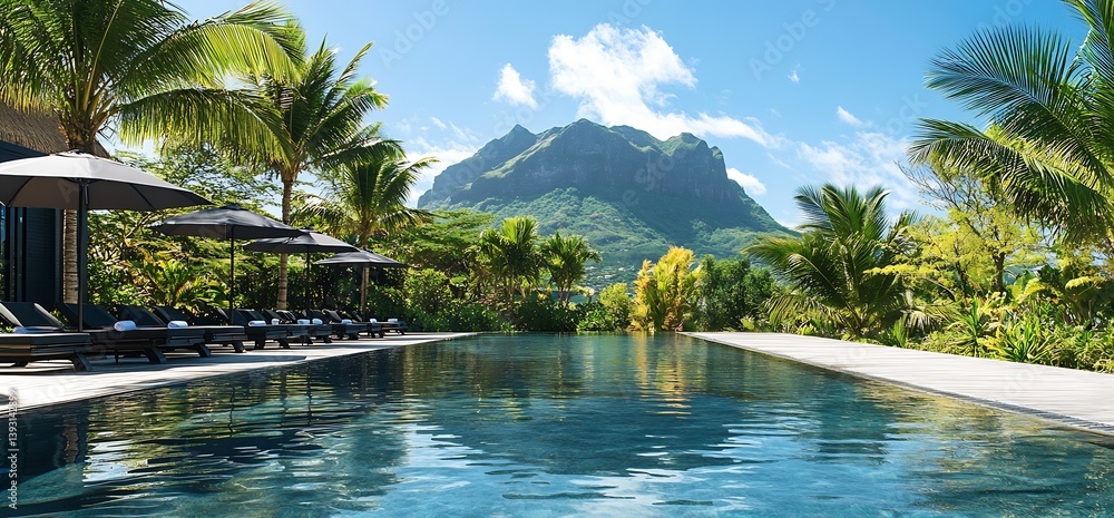 Poster stunning tropical poolside landscape with luxurious loungers and a mountain backdrop in ideal sunny 