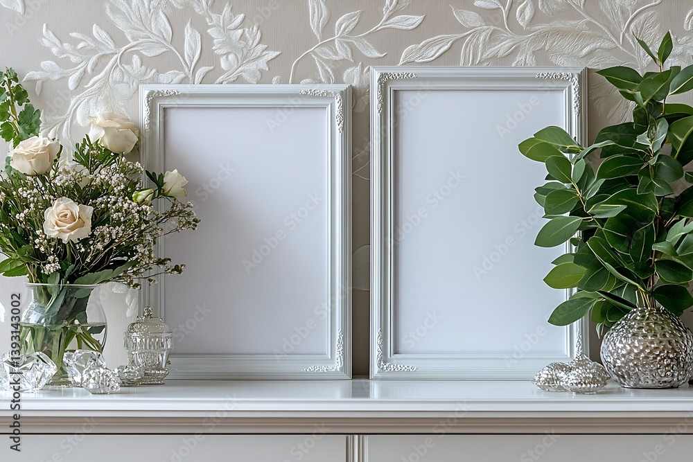 Aufkleber elegant mockup of two empty frames with floral decorations on a white console table home decor photo