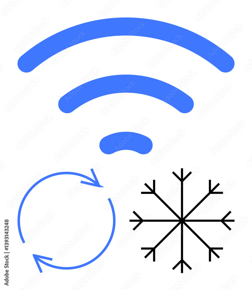 Poster simplified visuals of a wireless signal, circular recycling arrows, and a snowflake. ideal for techn
