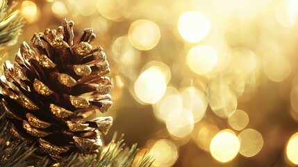 Golden Pine Cone Christmas Ornament with Bokeh Lights