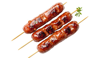 Realistic grilled sausage on skewer on white background