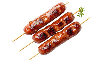 Realistic grilled sausage on skewer on white background