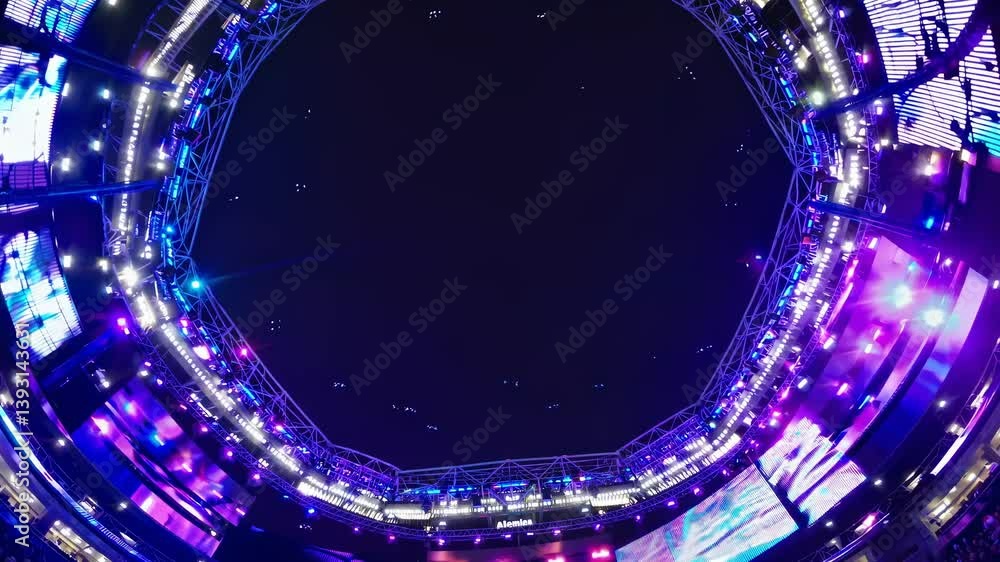 Poster fisheye view of a vibrant stadium with dynamic blue lighting and large video screens, capturing an i