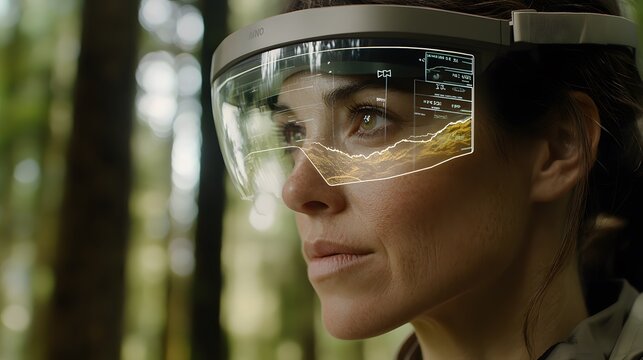 A woman in a forest wears futuristic glasses displaying augmented reality data, showing a topographical map overlaid on her view.
