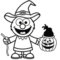 Cartoon Clown in Witch Hat Holding Jack-o'-Lanterns Halloween Illustration