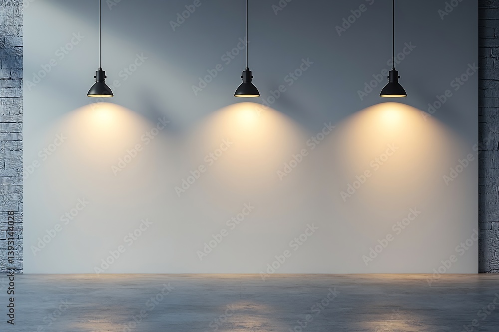 Poster empty room with dramatic lighting three pendant lights illuminating a blank wall perfect for product